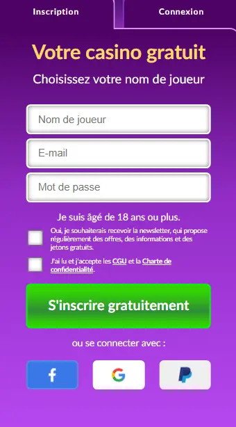 Formulaire d’inscription – création de compte joueur avec e-mail et mot de passe
